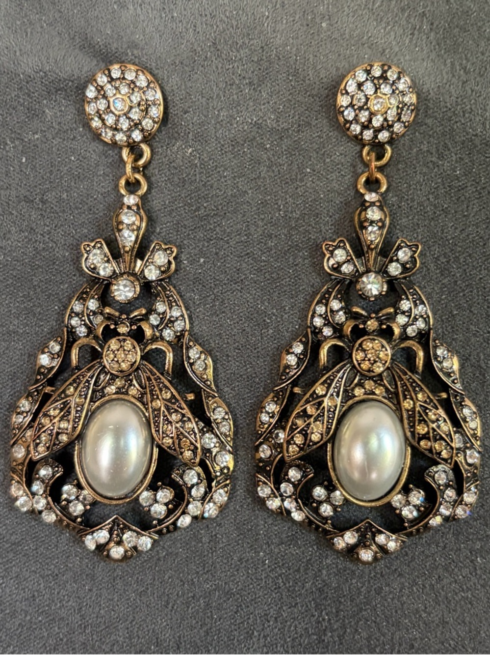 VTG Style Victorian Statement Earrings Bee Motif Rhinestones Pearl Drop Ornate